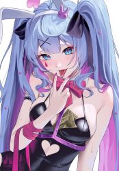 1girl animal_ears arm_strap banknote bare_shoulders between_breasts black_leotard blue_eyes blue_hair blush bow bowtie breasts detached_collar fake_animal_ears fang hair_ornament hatsune_miku heart heart-shaped_pupils highres leotard long_hair m_psycho_83 medium_breasts money multicolored_hair nail_polish pink_nails pink_ribbon playboy_bunny purple_hair rabbit_ears rabbit_hole_(vocaloid) ribbon saliva solo streaked_hair symbol-shaped_pupils tongue tongue_out twintails upper_body v v_over_mouth vocaloid x_hair_ornament