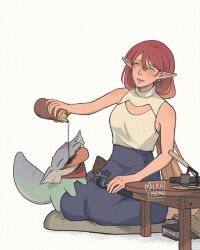 1girl animal bare_arms bare_shoulders blue_eyes blue_skirt book brown_hair cleavage_cutout clothing_cutout commentary earrings english_commentary gecko grey_background gun gunpowder hair_between_eyes handgun holding jewelry long_hair milramemo nelyne_(milramemo) open_book original pointy_ears pouring powder revolver seiza shirt signature simple_background sitting skirt sleeveless sleeveless_shirt smile solo table twitter_username very_long_hair weapon white_shirt