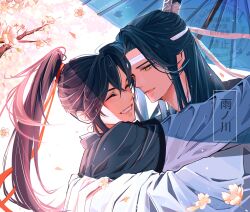 2boys absurdres artist_name bishounen black_hair black_hanfu blue_umbrella blush branch cherry_blossoms chinese_clothes closed_eyes closed_mouth couple day falling_petals flower grin hair_ribbon hanfu headband high_ponytail highres holding holding_umbrella hug lan_wangji light_particles long_hair long_sleeves looking_at_another male_focus modao_zushi multiple_boys oil-paper_umbrella parted_bangs petals pink_flower ponytail red_ribbon ribbon robe sidelocks smile teeth topknot tou_tou23 umbrella upper_body watermark wei_wuxian white_hanfu white_headband wide_sleeves xiao_guan_(headdress) yaoi yellow_eyes