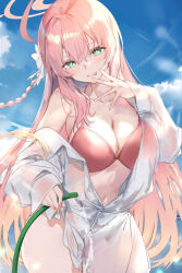 1girl ahoge bikini blue_archive blue_sky breasts cleavage halo hanako_(blue_archive) hanako_(swimsuit)_(blue_archive) highres holding holding_hose hose large_breasts long_braid looking_at_viewer navel official_alternate_costume partially_unbuttoned pink_hair red_bikini shirt sky solo swimsuit uu-tan_(hushigi10) white_shirt