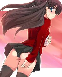 1girl ass bad_id black_hair black_thighhighs blue_eyes blush eeeeee fate/stay_night fate_(series) female_focus from_behind holding holding_unworn_clothes holding_panties holding_underwear holding_unworn_clothes jpeg_artifacts long_sleeves looking_back miniskirt no_panties panties skirt solo sweatdrop thighhighs thighs tohsaka_rin twintails two_side_up underwear unworn_panties white_panties
