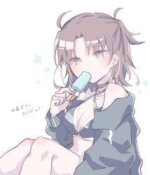 Rule 34 | 1girl, ahoge, bare legs, bare shoulders, bikini, black jacket, blush, breasts, brown eyes, brown hair, choker, cross-laced bikini, cross-laced clothes, fate/grand order, fate (series), food, food in mouth, from side, highres, holding, holding food, holding popsicle, hood, hooded track jacket, jacket, jacket partially removed, knees up, layered bikini, long sleeves, looking ahead, messy hair, multicolored bikini, navel, o-ring, o-ring choker, o-ring top, open clothes, open jacket, parted bangs, popsicle, popsicle in mouth, ryougi shiki, ryougi shiki (swimsuit mooncancer), short hair, simple background, sitting, solo, swimsuit, tokiha shiki, track jacket, turning head, two-tone bikini, white background