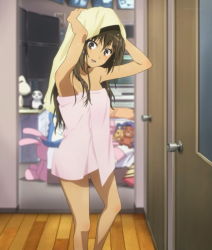 Rule 34 | brown eyes, brown hair, charune (kamisama no memochou), dark skin, kami-sama no memo-chou, long hair, meo (kamisama no memochou), stitched, stuffed animal, stuffed toy, tan, third-party edit, towel, wet, wet hair