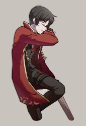 Rule 34 | 1boy, black hair, black pants, black vest, blood, closed eyes, collared shirt, cowboy shot, gold trim, highres, jacket, limbus company, liu association (identity) (project moon), long sleeves, necktie, open mouth, pants, project moon, red jacket, red necktie, shirt, solo, thigh strap, uuu (gyojamandu), vest, white shirt, wiping blood, yi sang (project moon)