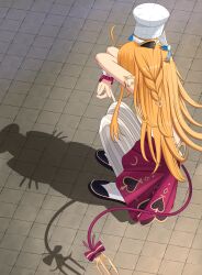 1girl absurdres blonde_hair cat_shadow_puppet_(meme) chef_hat commentary escoffier_(genshin_impact) full_body genshin_impact hands_up hat highres lilack_gg long_hair mechanical_tail meme pantyhose red_skirt shadow shoes skirt solo squatting striped_clothes striped_pantyhose tail tile_floor tiles vertical-striped_clothes vertical-striped_pantyhose very_long_hair white_hat white_pantyhose wrist_cuffs