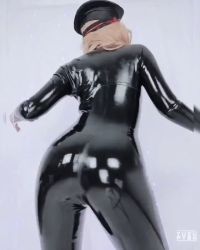 Rule 34 | 1girl, animated, animated gif, ass, ass shake, black bodysuit, blonde hair, bodysuit, boku no hero academia, cosplay, dancing, female focus, from behind, hat, huge ass, latex, latex bodysuit, peaked cap, photo (medium), real life, shiny clothes, short hair, solo, utsushimi kemii, utsushimi kemii (cosplay), yuzu pyon, zipper
