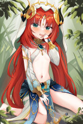 1girl absurdres aqua_eyes black_horns blue_brooch blue_skirt blush breasts brooch commentary fake_horns genshin_impact gold_trim green_background harem_outfit highres horns jewelry long_hair looking_at_viewer low_twintails navel nilou_(genshin_impact) open_mouth red_hair sitting skirt small_breasts solo stomach twintails veil wariza white_veil yuki_(best010409)
