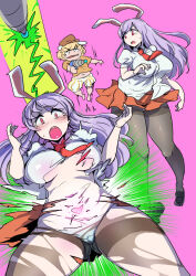 1boy 1girl animal_ears black_pantyhose blonde_hair breasts brown_hat enajii energy_gun genderswap genderswap_(ftm) hat highres large_breasts necktie orange_shirt panties pants pantyhose purple_hair rabbit_ears ray_gun red_eyes red_necktie red_skirt reisen_udongein_inaba ringo_(touhou) shirt skirt striped_clothes striped_pants thick_thighs thighs torn_clothes torn_pantyhose underwear weapon white_panties white_shirt