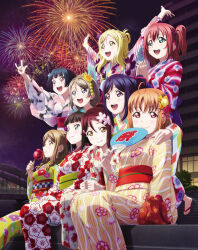6+girls :d aerial_fireworks ahoge aqua_eyes artbook black_hair blonde_hair blue_eyes blue_hair brown_hair candy_apple fireworks floral_print flower food grey_hair hair_flower hair_ornament hand_fan hand_on_another&#039;s_shoulder highres japanese_clothes kimono kunikida_hanamaru kurosawa_dia kurosawa_ruby long_hair looking_at_viewer love_live! love_live!_sunshine!! matsuura_kanan mole mole_under_mouth multiple_girls night night_sky non-web_source obi official_art ohara_mari open_mouth orange_hair outdoors paper_fan pointing ponytail purple_eyes purple_hair red_eyes red_hair sakurauchi_riko sash short_hair sitting sky smile takami_chika tsushima_yoshiko uchiwa watanabe_you yellow_eyes yellow_kimono yukata