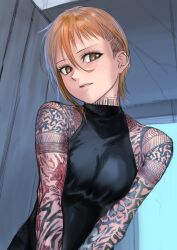 Rule 34 | 1girl, arm tattoo, bare arms, bare shoulders, brown eyes, brown hair, eyelashes, highres, kilye kairi, neck tattoo, original, short hair, shoulder tattoo, sleeveless, solo, tattoo, undercut, upper body