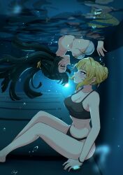 2girls aauugghh_garrison absurdres air_bubble astra_yao bikini black_bikini black_hair blonde_hair blush bra breasts bubble cleavage commentary english_commentary evelyn_chevalier high-waist_pants highres large_breasts long_hair looking_at_another mole mole_under_eye multiple_girls navel pants parted_lips purple_eyes sitting swimsuit underwater underwear white_bra yuri zenless_zone_zero