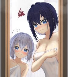 1boy 1girl absurdres basher black_hair blue_eyes blush boros_(ouro_kronii) breasts cleavage collarbone commentary covering_breasts covering_privates english_commentary flying_sweatdrops frown grey_hair hair_between_eyes hair_intakes highres hololive hololive_english large_breasts looking_at_viewer mixed-sex_bathing naked_towel ouro_kronii peeking_out personification pointy_ears shared_bathing short_hair smile squiggle steam towel trap virtual_youtuber walk-in