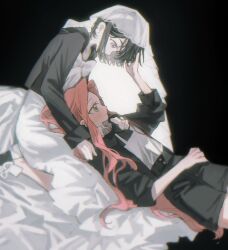 Rule 34 | 2girls, alien stage, alternate costume, black bow, black bowtie, black hair, black jacket, black shorts, bow, bowtie, chinese commentary, commentary request, dress, hairband, highres, jacket, kneeling, lap pillow, long hair, lying, mizi (alien stage), multiple girls, on back, pink hair, sea foam, see-through clothes, see-through veil, shorts, sitting, sua (alien stage), veil, white bow, white dress, white hairband, white veil, yellow eyes