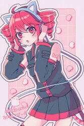 1girl :o ahoge animal_ear_headphones animal_ears black_skirt black_sleeves blush breast_pocket cable cat_ear_headphones chiru_da collared_shirt cowboy_shot dated detached_sleeves drill_hair fake_animal_ears hair_between_eyes hands_on_headphones headphones headset kasane_teto kasane_teto_(utau) looking_at_viewer microphone number_tattoo open_mouth pink_background pocket red_eyes red_hair red_tattoo shirt shoulder_tattoo skirt sleeveless sleeveless_shirt solo tattoo twin_drills utau wing_collar