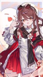 1girl :d bare_shoulders beret boo_tao_(genshin_impact) brown_collar brown_hair brown_scarf brown_thighhighs bug butterfly chinese_clothes claw_pose collar dress eyewear_on_head flat_chest flower flower-shaped_pupils funa_(sakana) genshin_impact ghost hair_between_eyes hair_rings hat highres hu_tao_(cherries_snow-laden)_(genshin_impact) hu_tao_(genshin_impact) insect jewelry long_hair long_sleeves looking_at_viewer multicolored_shrug multiple_rings off_shoulder official_alternate_costume open_mouth plum_blossoms red-tinted_eyewear red_eyes red_nails red_shrug red_skirt ring round_eyewear scarf shrug_(clothing) skirt sleeveless smile solo sunglasses symbol-shaped_pupils tassel thighhighs tinted_eyewear twintails white_hat white_shrug white_sleeves