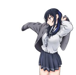 1girl absurdres arm_out_of_sleeve blazer choker cowboy_shot grey_jacket grey_necktie hair_between_eyes highres ichinose_uruha ichinose_uruha_(6th_costume) jacket long_hair long_sleeves lupinus_virtual_games multicolored_hair necktie pleated_skirt purple_eyes shirt shirt_tucked_in simple_background skirt solo streaked_hair two_side_up uwanosora000 virtual_youtuber vspo! white_background white_shirt