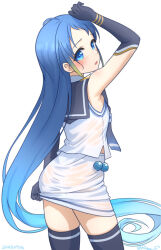 1girl black_gloves black_neckerchief black_sailor_collar black_thighhighs blue_eyes blue_hair elbow_gloves from_behind gloves kantai_collection long_hair looking_back looking_to_the_side neckerchief ray.s sailor_collar samidare_(kancolle) school_uniform serafuku shirt simple_background sleeveless sleeveless_shirt solo swept_bangs thighhighs very_long_hair wet wet_clothes white_background