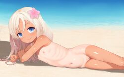 1girl absurdres bad_tag beach blue_eyes breasts completely_nude flower glossy_skin groin hair_flower hair_ornament highres kantai_collection kommandoh loli long_hair looking_at_viewer lying navel nipples nude ocean on_side one-piece_tan outdoors pussy ro-500_(kancolle) small_breasts smile solo stomach tan tanline thighs uncensored white_hair