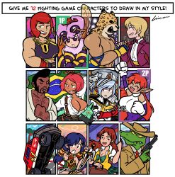 absurdres arthropod_girl brazil brazilian_flag breasts car daytona_usa galaxy_fight giovanna_(guilty_gear) guilty_gear guilty_gear_strive gun highres hornet_(daytona_usa) investigator_azuma king_(snk) king_(tekken) kisarah_westfield labrys_(persona) large_breasts looking_at_viewer marco_rodrigues marisa_(street_fighter) medium_breasts monster_girl motor_vehicle name_connection nationality_connection persona persona_4 persona_4:_the_ultimate_in_mayonaka_arena persona_4:_the_ultimax_ultra_suplex_hold pointy_ears q-bee roomi smile soul_calibur street_fighter street_fighter_6 surprised talim tekken the_king_of_fighters tsuukai_gangan_koushinkyoku ultra_fight_da!_kyanta_2 darkstalkers weapon wheel