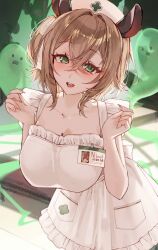 1girl animal_ears apron breasts brown_hair cleavage collarbone commentary english_commentary fingernails green_eyes hair_between_eyes hair_ribbon hat highres huge_breasts id_card indie_virtual_youtuber long_sleeves looking_at_viewer medium_hair naked_apron naplings_(nimi_nightmare) nimi_nightmare one_side_up open_mouth ribbon see-through_silhouette smile tapir_ears tapir_girl teeth virtual_youtuber waytok white_apron white_hat white_ribbon