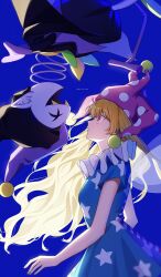 1boy 1girl absurdres artist_name blonde_hair blue_background blue_dress blurry blurry_background breasts clownpiece deltarune dress fairy_wings from_side hat highres jevil long_hair looking_at_another neck_ruff norichiizu open_mouth polka_dot_headwear print_dress profile purple_hat red_eyes rotational_symmetry short_sleeves star_(symbol) star_print touhou wings