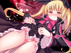 1girl armpits black_dress blazblue blonde_hair blunt_bangs blush bow capelet censored clothes_lift dress dress_lift female_focus gothic_lolita hair_ribbon loli lolita_fashion long_hair long_sleeves mosaic_censoring no_panties pussy rachel_alucard red_eyes ribbon skirt skirt_lift sleeveless sleeveless_dress smile solo twintails wide_sleeves yako