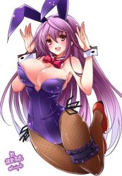 Rule 34 | 1girl, animal ears, bare shoulders, blush, breasts, cleavage, fishnet pantyhose, fishnets, jumping, large breasts, leotard, long hair, looking at viewer, mutou kurihito, neck ribbon, open mouth, pantyhose, playboy bunny, purple hair, rabbit ears, red eyes, ribbon, sengoku bushouki muramasa, simple background, smile, solo, thighs, toudou takatora (sengoku bushouki muramasa), very long hair, white background
