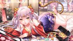 animal_ear_fluff animal_ears ankle_bell ankle_ribbon arm_support bare_legs bare_shoulders barefoot bell blunt_bangs blush box breasts brown_eyes chinese_commentary collarbone commentary_request copyright_request full_body futon hair_ornament hakama hakama_skirt indoors japanese_clothes jingle_bell kimono large_breasts leg_ribbon long_hair long_sleeves looking_at_viewer lying on_side open_mouth purple_hakama red_kimono red_ribbon ribbon sannio short_eyebrows silver_hair skirt tail tail_bell tail_ornament tail_raised tearing_up thick_eyebrows two_side_up very_long_hair wide_sleeves wind_chime