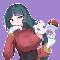 1girl black_bodysuit blunt_bangs bodysuit bodysuit_under_clothes breasts commentary_request creatures_(company) crop_top game_freak gen_1_pokemon gloves half-closed_eye hime_cut jacket large_breasts legendary_pokemon long_hair long_sleeves mew_(pokemon) mythical_pokemon nintendo partial_commentary pencil_skirt poke_ball poke_ball_(basic) pokemon pokemon_(creature) pokemon_frlg purple_background red_eyes sabrina_(pokemon) skirt telekinesis turtleneck turtleneck_jacket upper_body white_gloves ynmv7754