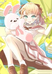 1girl :d aqua_eyes blush bow brown_bow brown_shoes chocolate chocolate_covered commentary_request corrupted_twitter_file dress food frilled_dress frills fruit full_body hair_bow hair_intakes highres hinoshita_kaho hinoshita_kaho_(18th_birthday) holding holding_food holding_fruit holding_stuffed_toy lemon lemon_cake lemon_slice link!_like!_love_live! loafers looking_at_viewer love_live! medium_hair off-shoulder_dress off_shoulder official_alternate_costume open_mouth orange_(fruit) orange_hair orange_slice panties pantyshot pink_panties sango_(sin5_do_sng) shoes smile socks solo stuffed_animal stuffed_rabbit stuffed_toy underwear upskirt virtual_youtuber white_dress white_socks