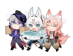 ... 1girl 2boys animal animal_ear_fluff animal_ears animal_on_head asymmetrical_gloves beak bird bird_on_head black_bird black_boots black_gloves black_shorts blue_eyes blue_hair blue_pants blue_shirt blush boots box bugseulbugseul chibi chibi_only chinese_clothes choker closed_eyes closed_mouth coat crossed_bangs earrings eyeshadow feixiao_(honkai:_star_rail) fish food forehead_jewel fox_boy fox_ears fox_girl fox_tail gloves gradient_hair grey_hair grey_pants high_ponytail holding holding_box honkai:_star_rail honkai_(series) hood hooded_jacket jacket jewelry jiaoqiu_(honkai:_star_rail) lapels long_hair long_sleeves looking_at_food looking_up makeup mismatched_gloves moze_(honkai:_star_rail) multicolored_hair multiple_boys musical_note o-ring on_head open_clothes open_coat open_jacket open_mouth package pants parted_bangs pink_hair pink_jacket pink_pupils ponytail purple_choker purple_eyes purple_jacket purple_shirt red_eyeshadow red_gloves red_shrug shirt short_hair shorts shrug_(clothing) sidelocks simple_background single_earring single_glove smile spoken_ellipsis spoken_musical_note tail tangzhuang tassel tassel_earrings thigh_strap two-sided_fabric two-sided_jacket walking white_background white_coat white_hair white_shirt