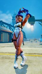 1girl 3d alternate_color alternate_skin_color antenna_hair bare_shoulders blonde_hair blue_eyes blue_gloves blue_hat blue_sky braid breasts cammy_white covered_navel curvy dark_skin full_body gloves groin hat highleg highleg_leotard highres large_breasts leotard lips long_hair ryona screencap shiny_clothes sky solo street_fighter street_fighter_v thighs third-party_edit thong_leotard twin_braids very_long_hair white_leotard wide_hips