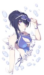 1girl absurdres bare_shoulders blue_pupils breasts bubble center_opening closed_mouth commentary criss-cross_halter cropped_torso eyewear_on_head halterneck highres honkai_(series) honkai_impact_3rd large_breasts looking_at_viewer luyue official_alternate_costume purple_eyes purple_hair raiden_mei raiden_mei_(crooning_tides) raiden_mei_(herrscher_of_origin) signature smirk solo sunglasses white_background