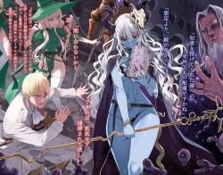 3boys 3girls asanagi axe bangle beard bikini black_bikini black_sclera blonde_hair blue_eyes blue_skin bracelet breasts cape caspar_beckenbauer chain chain_around_neck colored_sclera colored_skin demon_girl demon_horns elf facial_hair fangs fingernails formal_clothes gold_chain grin hair_between_eyes holding holding_axe holding_staff horns jewelry long_hair multiple_boys multiple_girls navel nazar_liscia_gainius_grandolius no_panties novel_illustration official_art old old_man orc_eiyuu_monogatari pointy_ears popratika purple_nails red_eyes sharp_fingernails skull_on_head small_breasts smile staff suit swimsuit sword thighhighs thunder_sonia translation_request very_long_hair weapon white_hair white_suit white_thighhighs