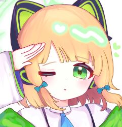 1girl ;&lt; animal_ear_headphones animal_ears artist_name blonde_hair blue_archive blue_necktie blunt_bangs blunt_ends blush bow cat_ear_headphones cat_ears collared_shirt dot_nose fake_animal_ears floating_hair green_bow green_eyes green_halo green_jacket hair_bow halo headphones heart highres jacket long_sleeves looking_at_viewer low-tied_sidelocks medium_hair mia_a20 midori_(blue_archive) necktie off_shoulder one_eye_closed parted_bangs parted_lips portrait salute school_uniform shirt sidelocks simple_background solo suspenders triangle_mouth twitter_username white_background white_shirt wide_sleeves