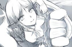 1boy 1girl blush breasts cartethyia_(wuthering_waves) closed_mouth commentary completely_nude earrings english_commentary from_above hews highres jewelry light_blush long_hair looking_at_viewer looking_up male_rover_(wuthering_waves) medium_breasts mixed-sex_bathing monochrome nipples nude parted_bangs partially_submerged pointy_ears rover_(wuthering_waves) shared_bathing sidelocks sketch smile tacet_mark_(wuthering_waves) wuthering_waves