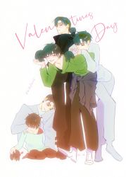 5boys ? aged_down alien_stage animal animalization birthday black_eyes black_hair black_pants clothes_around_waist commentary dated fang green_hoodie heart highres holding holding_animal hood hoodie ivan_(alien_stage) jacket jacket_around_waist long_sleeves male_focus multiple_boys multiple_persona pants person_and_animalization rabbit red_pupils shirt shoes short_hair sitting smile spoken_heart spoken_question_mark symbol-only_commentary valentine very_short_hair white_pants white_shirt white_shoes yuexiafalsehood