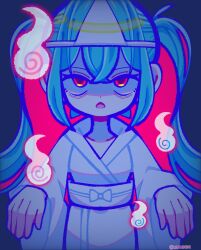 1girl aqua_hair artist_name blue_background colored_inner_hair commentary english_commentary facing_viewer ghost_girl halloween hatsune_miku highres hitodama ibispaint_(medium) japanese_clothes kimono koppi2404 long_hair long_sleeves looking_up multicolored_hair open_mouth outstretched_arms pink_hair red_eyes sidelocks simple_background solo spooky_(shojs) straight-on twintails twitter_username upper_body vocaloid white_kimono wide_sleeves