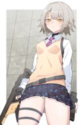 1girl absurdres black_gloves camouflage camouflage_skirt collared_shirt commentary_request cowboy_shot fingerless_gloves girls&#039;_frontline girls&#039;_frontline_2:_exilium gloves grey_hair gun hair_ornament hairpin highres holding holding_gun holding_magazine holding_weapon inofuchi inset_border kriss_vector looking_at_viewer magazine_(object) necktie official_alternate_costume panties pantyshot purple_necktie shirt short_hair skirt solo striped_necktie submachine_gun sweater_vest tile_wall tiles underwear vector_(girls&#039;_frontline) vector_(girls&#039;_frontline_2) vector_(vivi_sometimes_hides_her_molotovs)_(girls&#039;_frontline_2) weapon white_panties white_shirt x_hair_ornament yellow_eyes yellow_sweater_vest