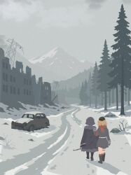Rule 34 | 2girls, absurdres, armband, black coat, black gloves, black hat, blonde hair, bolt action, boots, building, car, coat, combat helmet, commentary, english commentary, from behind, fur-trimmed coat, fur trim, garrison cap, girls&#039; frontline, gloves, gun, hand on another&#039;s shoulder, hat, helmet, highres, holding, holding gun, holding weapon, jacket, jacket on shoulders, kar98k (girls&#039; frontline), mauser 98, motor vehicle, mountain, mp40 (girls&#039; frontline), multiple girls, red armband, red scarf, rifle, ruins, scarf, scenery, shell 81mm, snow, stahlhelm, tree, weapon, white hair, winter