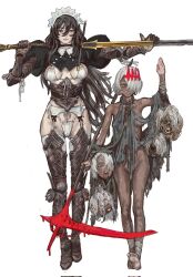 2girls areola_slip arm_up bikini black_eyes black_hair blood bloody_weapon breasts character_request collar copyright_request crown dark-skinned_female dark_skin disembodied_head executioner executioner_maid_(centurii-chan) female_pubic_hair garter_belt gauntlets hair_over_one_eye height_difference highres leg_armor long_hair looking_at_viewer maid maid_headdress medium_breasts mossacannibalis multiple_girls no_bra no_panties o-ring o-ring_bikini pubic_hair pubic_hair_peek rags rope scar scythe short_hair side-tie_bikini_bottom skindentation solaria_(ebonyxh) swimsuit sword teeth thighhighs tongue tongue_out unconventional_maid very_long_hair weapon white_background white_bikini white_hair white_pubic_hair yellow_eyes zweihander