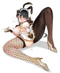 1girl :d absurdres animal_ears arm_support asymmetrical_legwear black_bow black_hair blush bow breasts crotch_cutout cup female_focus fishnets garter_straps gloves hair_bow high_heels highres large_breasts leotard looking_at_viewer momi open_mouth orange_eyes original pantyhose pinky_out playboy_bunny rabbit_ears see-through_clothes sexually_suggestive shadow single_leg_pantyhose single_thighhigh skindentation smile solo spread_legs suggestive_fluid thighhighs uneven_legwear