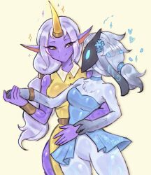 2girls belt blush body_fur breasts brown_belt choker collared_dress colored_skin commentary cowboy_shot dress english_commentary furry furry_with_non-furry green_choker green_dress green_eyes grey_fur heart highres holding_hands horns interspecies kindred_(league_of_legends) lamb_(league_of_legends) large_breasts league_of_legends mask multiple_girls pan_(panf0) pants pink_skin pointy_ears short_dress single_horn smile soraka_(league_of_legends) sparkle white_pants yellow_dress yuri