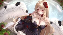 1girl bare_shoulders black_dress black_flower black_sleeves blonde_hair breasts cleavage closed_mouth commentary commission detached_sleeves dress falling_feathers feathered_wings feathers fingernails flower halo hand_in_own_hair hand_up highres indie_virtual_youtuber large_breasts light_smile long_hair long_sleeves looking_at_viewer low_wings nail_polish pr_ponnyan red_eyes red_flower red_nails solo strapless strapless_dress very_long_hair virtual_youtuber white_wings wings