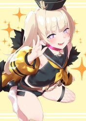 1girl absurdres azur_lane bache_(azur_lane) black_hat black_sailor_collar black_shirt black_shoes black_shorts blonde_hair breasts collar cotton_kanzaki fang fishnet_thighhighs fishnets fur-trimmed_jacket fur_trim hat heart heart-shaped_pupils highres jacket long_hair looking_at_viewer loose_socks neckerchief pink_collar purple_eyes sailor_collar shirt shoes short_shorts shorts skin_fang sleeveless sleeveless_shirt small_breasts smile socks solo symbol-shaped_pupils thighhighs very_long_hair white_socks yellow_background yellow_jacket yellow_neckerchief