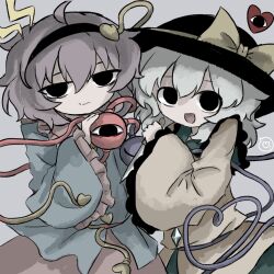 2girls :d black_eyes black_hairband black_hat blue_shirt buttons closed_mouth commentary_request contrast_collar diamond_button eyeball frilled_shirt_collar frilled_sleeves frills green_hair green_skirt hair_ornament hairband hat hat_ribbon heart heart_button heart_hair_ornament heart_of_string heripantomorrow holding holding_eyeball holding_knife knife komeiji_koishi komeiji_satori multiple_girls open_mouth pink_hair pink_skirt ribbon ribbon-trimmed_collar ribbon_trim shirt siblings sisters skirt smile spoken_heart third_eye touhou upper_body wide_sleeves yellow_ribbon yellow_shirt