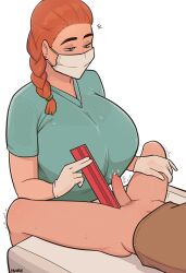 1boy 1girl aqua_shirt artist_name blue_eyes bottomless braid braided_ponytail breasts brown_shirt gloves hetero highres huge_breasts mare_ten mask measuring mouth_mask nurse orange_hair original penis penis_measuring ruler shirt short_sleeves simple_background surgical_mask white_background white_gloves