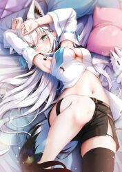 ahoge animal_ear_fluff animal_ears aqua_eyes armpits arms_up black_shorts blue_neckerchief blush breasts center_opening cleavage commentary_request detached_sleeves fox_ears fox_tail hair_between_eyes highres hololive hood hooded_vest hoodie imo_bouya knee_up long_hair looking_at_viewer lying medium_breasts navel neckerchief on_back on_bed pillow shirakami_fubuki shirakami_fubuki_(1st_costume) shorts single_thighhigh sukonbu_(shirakami_fubuki) tail thighhighs very_long_hair vest virtual_youtuber white_hair white_vest
