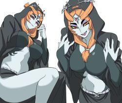 Rule 34 | 1girl, black robe, breasts, colored sclera, colored skin, eyeshadow, fangs, front ponytail, headpiece, highres, hood, hooded robe, large breasts, long hair, makeup, midna, midna (true), multicolored skin, multiple views, nasu (ilo a5), navel, nintendo, orange hair, purple eyeshadow, purple lips, red eyes, robe, smile, the legend of zelda, the legend of zelda: twilight princess, two-tone skin, yellow sclera