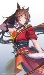 1girl absurdres animal_ears aqua_eyes armpits blush brown_hair gradient_background grey_background highres horse_ears horse_girl horse_tail japanese_clothes kimono long_hair looking_at_viewer mr._c.b._(dazzling_kabuki_flower)_(umamusume) mr._c.b._(umamusume) nail_polish obi official_alternate_costume ponytail red_kimono red_nails sash shuijulei solo sweat tail twitter_username umamusume very_long_hair